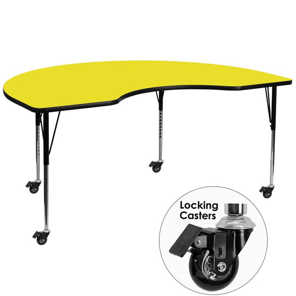 Flash Furniture Mobile 48''W x 96''L Kidney Yellow HP Laminate Activity Table - Standard Height Adjustable Legs - XU-A4896-KIDNY-YEL-H-A-CAS-GG