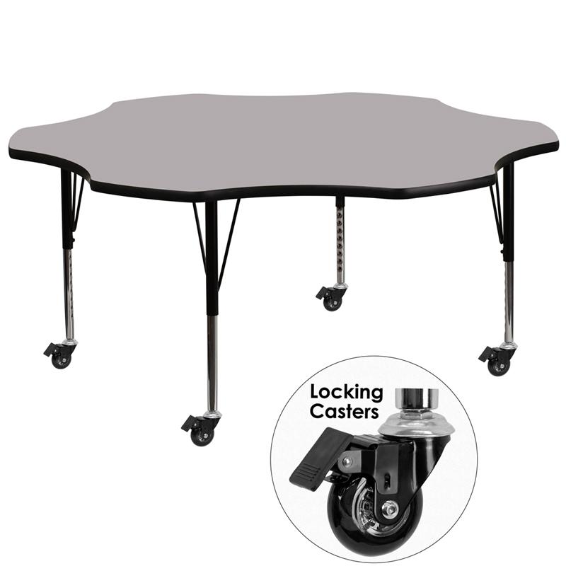 Flash Furniture Mobile 60'' Flower Grey Thermal Laminate Activity Table - Height Adjustable Short Legs - XU-A60-FLR-GY-T-P-CAS-GG