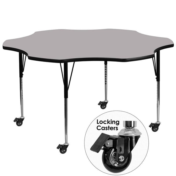 Flash Furniture Mobile 60'' Flower Grey Thermal Laminate Activity Table - Standard Height Adjustable Legs - XU-A60-FLR-GY-T-A-CAS-GG