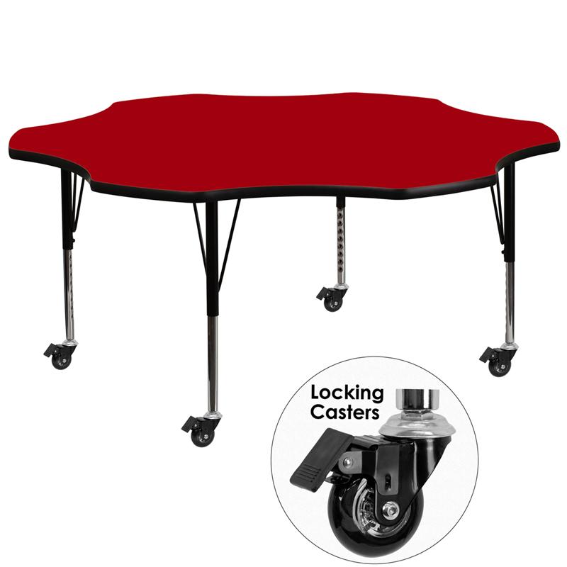 Flash Furniture Mobile 60'' Flower Red Thermal Laminate Activity Table - Height Adjustable Short Legs - XU-A60-FLR-RED-T-P-CAS-GG