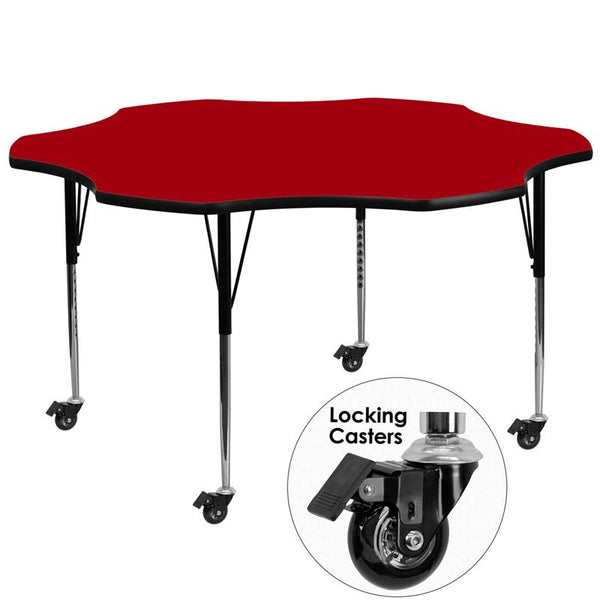 Flash Furniture Mobile 60'' Flower Red Thermal Laminate Activity Table - Standard Height Adjustable Legs - XU-A60-FLR-RED-T-A-CAS-GG