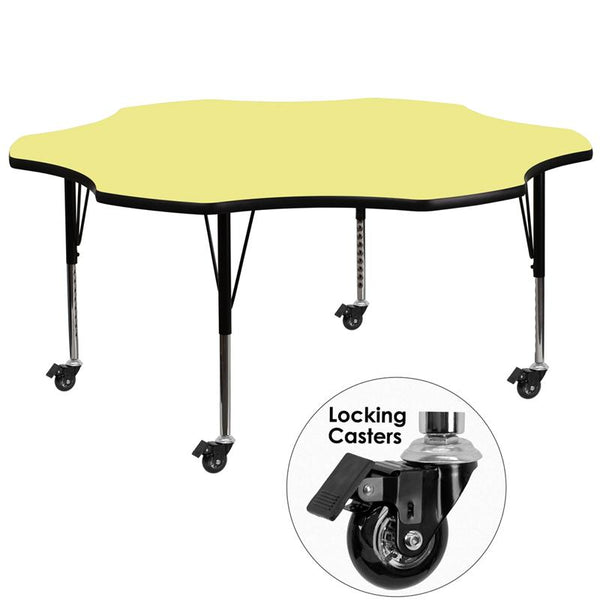 Flash Furniture Mobile 60'' Flower Yellow Thermal Laminate Activity Table - Height Adjustable Short Legs - XU-A60-FLR-YEL-T-P-CAS-GG