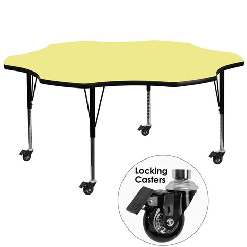 Flash Furniture Mobile 60'' Flower Yellow Thermal Laminate Activity Table - Height Adjustable Short Legs - XU-A60-FLR-YEL-T-P-CAS-GG