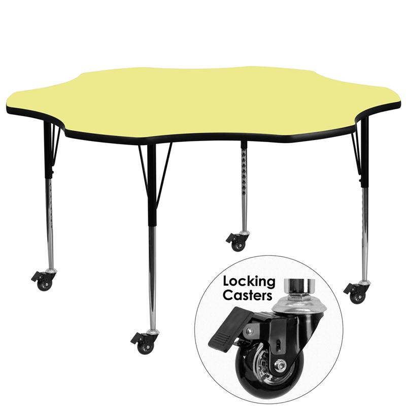Flash Furniture Mobile 60'' Flower Yellow Thermal Laminate Activity Table - Standard Height Adjustable Legs - XU-A60-FLR-YEL-T-A-CAS-GG