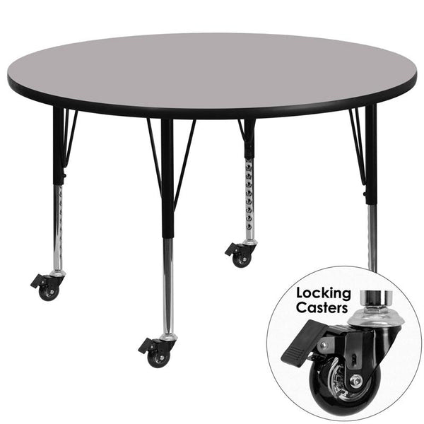 Flash Furniture Mobile 60'' Round Grey Thermal Laminate Activity Table - Height Adjustable Short Legs - XU-A60-RND-GY-T-P-CAS-GG