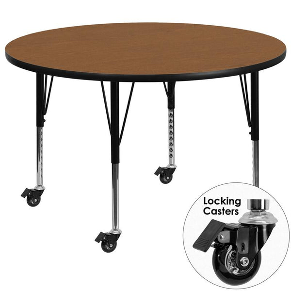 Flash Furniture Mobile 60'' Round Oak Thermal Laminate Activity Table - Height Adjustable Short Legs - XU-A60-RND-OAK-T-P-CAS-GG