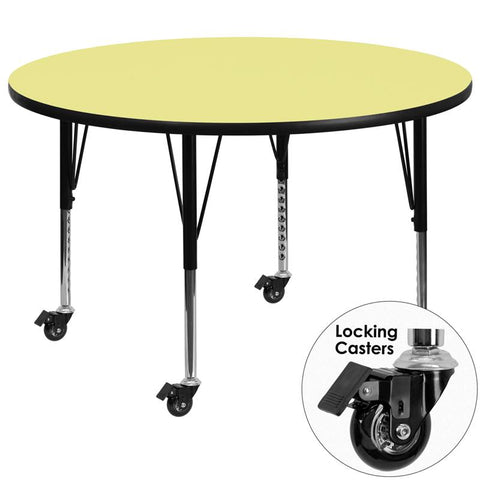 Flash Furniture Mobile 60'' Round Yellow Thermal Laminate Activity Table - Height Adjustable Short Legs - XU-A60-RND-YEL-T-P-CAS-GG