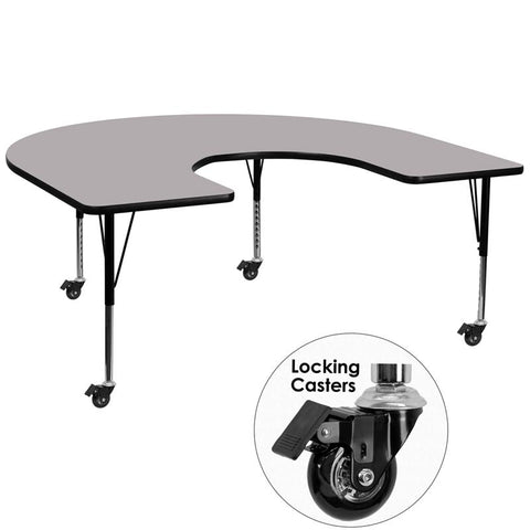 Flash Furniture Mobile 60''W x 66''L Horseshoe Grey Thermal Laminate Activity Table - Height Adjustable Short Legs - XU-A6066-HRSE-GY-T-P-CAS-GG