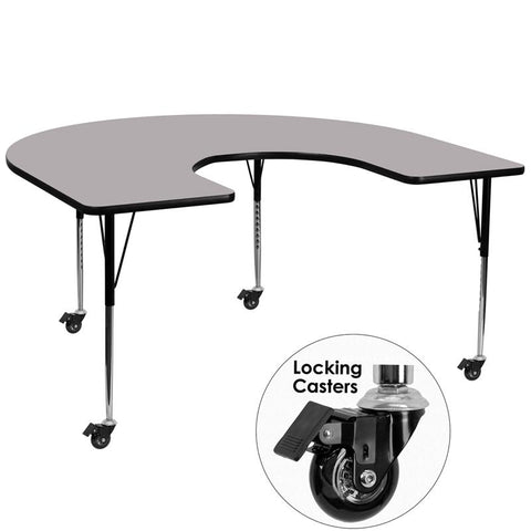 Flash Furniture Mobile 60''W x 66''L Horseshoe Grey Thermal Laminate Activity Table - Standard Height Adjustable Legs - XU-A6066-HRSE-GY-T-A-CAS-GG