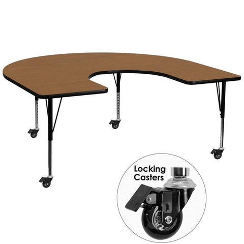 Flash Furniture Mobile 60''W x 66''L Horseshoe Oak Thermal Laminate Activity Table - Height Adjustable Short Legs - XU-A6066-HRSE-OAK-T-P-CAS-GG