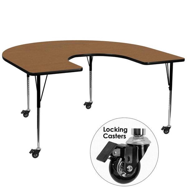 Flash Furniture Mobile 60''W x 66''L Horseshoe Oak Thermal Laminate Activity Table - Standard Height Adjustable Legs - XU-A6066-HRSE-OAK-T-A-CAS-GG