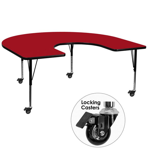 Flash Furniture Mobile 60''W x 66''L Horseshoe Red Thermal Laminate Activity Table - Height Adjustable Short Legs - XU-A6066-HRSE-RED-T-P-CAS-GG