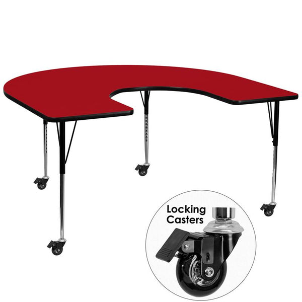 Flash Furniture Mobile 60''W x 66''L Horseshoe Red Thermal Laminate Activity Table - Standard Height Adjustable Legs - XU-A6066-HRSE-RED-T-A-CAS-GG