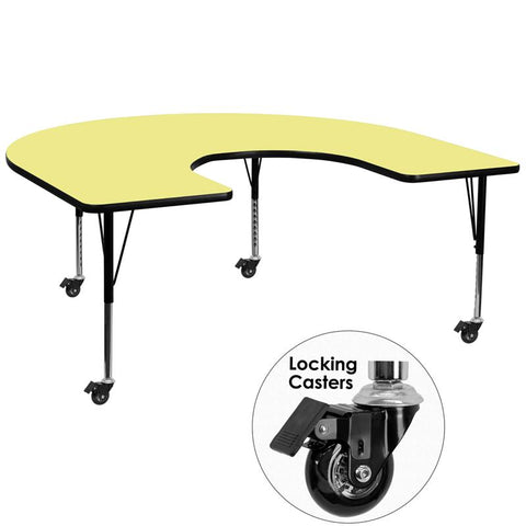 Flash Furniture Mobile 60''W x 66''L Horseshoe Yellow Thermal Laminate Activity Table - Height Adjustable Short Legs - XU-A6066-HRSE-YEL-T-P-CAS-GG