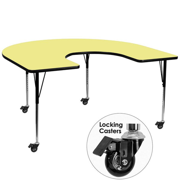 Flash Furniture Mobile 60''W x 66''L Horseshoe Yellow Thermal Laminate Activity Table - Standard Height Adjustable Legs - XU-A6066-HRSE-YEL-T-A-CAS-GG