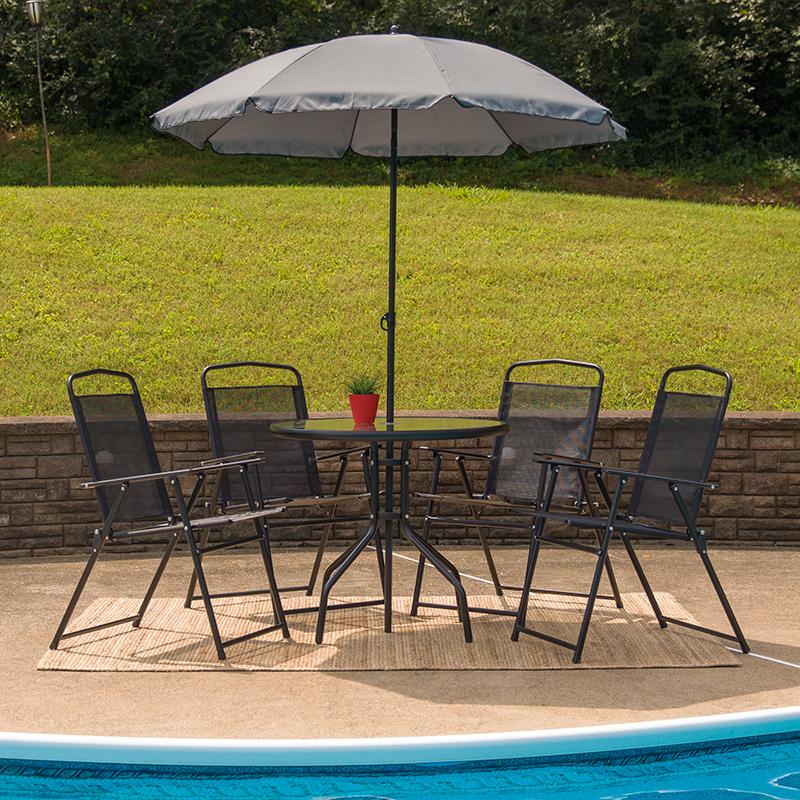 Flash Furniture Nantucket 6 Piece Black Patio Garden Set with Table, Umbrella and 4 Folding Chairs - GM-202012-BK-GG