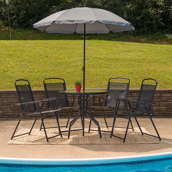 Flash Furniture Nantucket 6 Piece Black Patio Garden Set with Table, Umbrella and 4 Folding Chairs - GM-202012-BK-GG