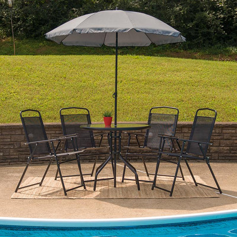 Flash Furniture Nantucket 6 Piece Black Patio Garden Set with Table, Umbrella and 4 Folding Chairs - GM-202012-BK-GG