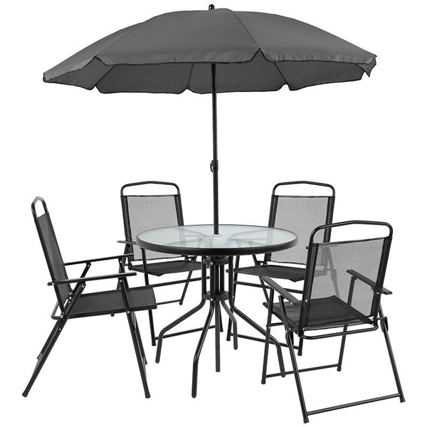 Flash Furniture Nantucket 6 Piece Black Patio Garden Set with Table, Umbrella and 4 Folding Chairs - GM-202012-BK-GG