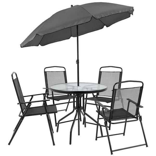 Flash Furniture Nantucket 6 Piece Black Patio Garden Set with Table, Umbrella and 4 Folding Chairs - GM-202012-BK-GG