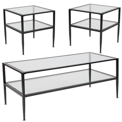 Flash Furniture Newport Collection 3 Piece Coffee and End Table Set with Glass Tops and Black Metal Frames - HG-CEK-16-GG