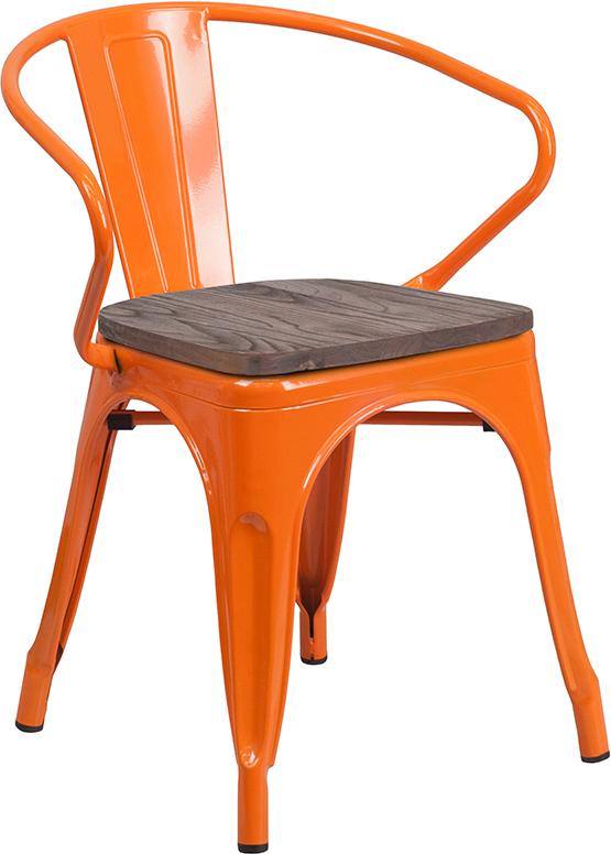 Flash Furniture Orange Metal Chair with Wood Seat and Arms - CH-31270-OR-WD-GG