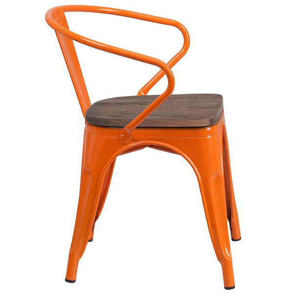 Flash Furniture Orange Metal Chair with Wood Seat and Arms - CH-31270-OR-WD-GG