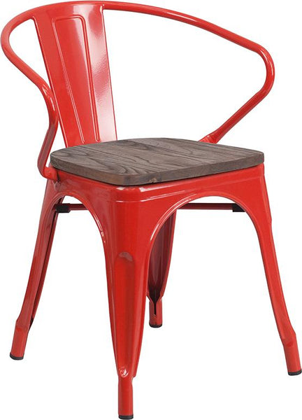 Flash Furniture Red Metal Chair with Wood Seat and Arms - CH-31270-RED-WD-GG