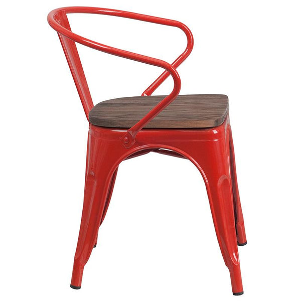 Flash Furniture Red Metal Chair with Wood Seat and Arms - CH-31270-RED-WD-GG