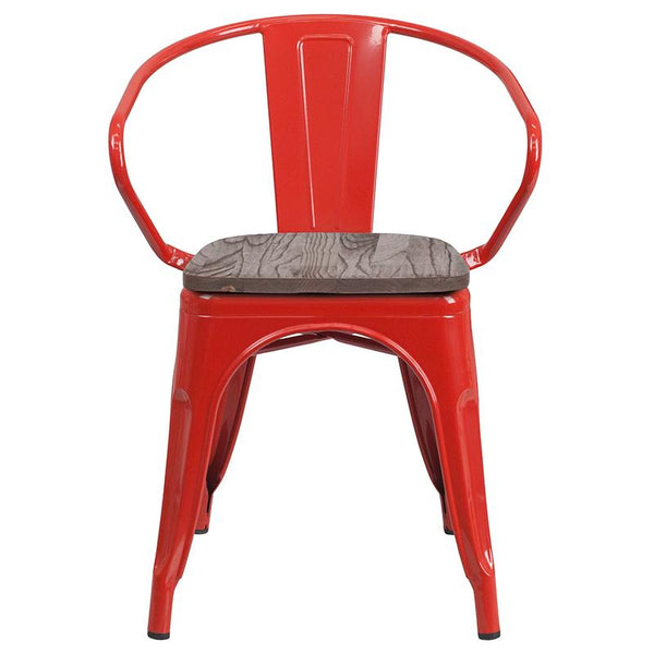 Flash Furniture Red Metal Chair with Wood Seat and Arms - CH-31270-RED-WD-GG