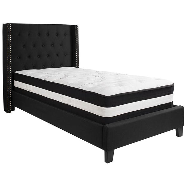 Flash Furniture Riverdale Twin Size Tufted Upholstered Platform Bed in Black Fabric with Pocket Spring Mattress - HG-BM-37-GG