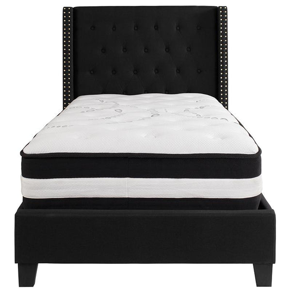 Flash Furniture Riverdale Twin Size Tufted Upholstered Platform Bed in Black Fabric with Pocket Spring Mattress - HG-BM-37-GG