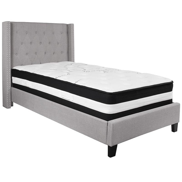 Flash Furniture Riverdale Twin Size Tufted Upholstered Platform Bed in Light Gray Fabric with Pocket Spring Mattress - HG-BM-41-GG