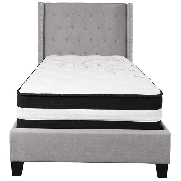 Flash Furniture Riverdale Twin Size Tufted Upholstered Platform Bed in Light Gray Fabric with Pocket Spring Mattress - HG-BM-41-GG