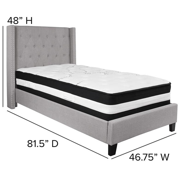 Flash Furniture Riverdale Twin Size Tufted Upholstered Platform Bed in Light Gray Fabric with Pocket Spring Mattress - HG-BM-41-GG