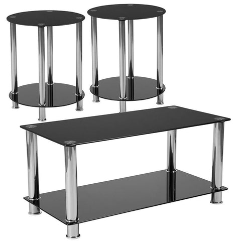 Flash Furniture Riverside Collection 3 Piece Coffee and End Table Set with Black Glass Tops and Stainless Steel Frames - HG-CEK-18-GG