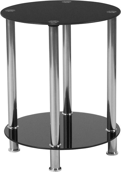 Flash Furniture Riverside Collection Black Glass End Table with Shelves and Stainless Steel Frame - HG-112348-GG