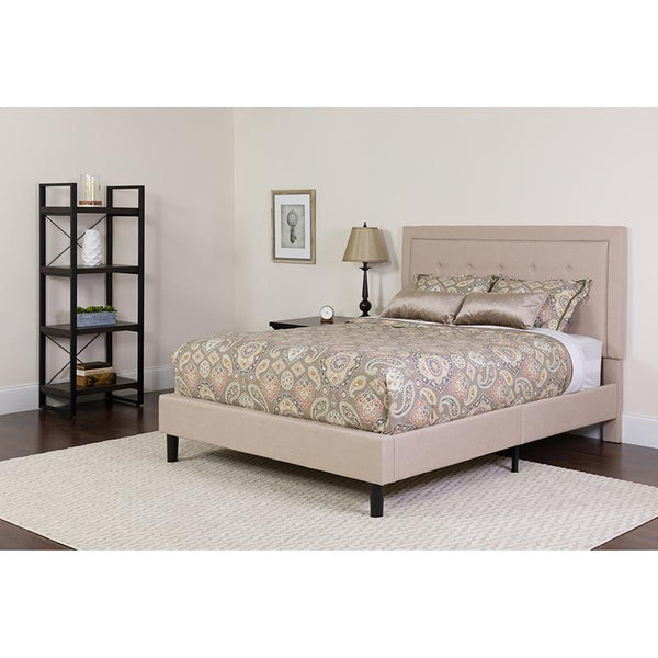 Flash Furniture Roxbury Full Size Tufted Upholstered Platform Bed in Beige Fabric - SL-BK5-F-B-GG