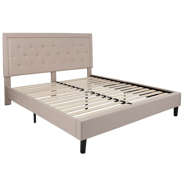Flash Furniture Roxbury King Size Tufted Upholstered Platform Bed in Beige Fabric - SL-BK5-K-B-GG