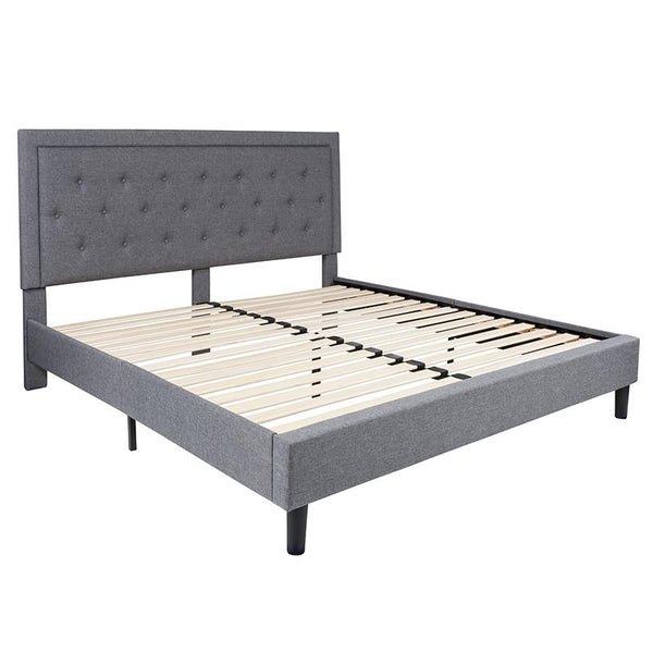 Flash Furniture Roxbury King Size Tufted Upholstered Platform Bed in Light Gray Fabric - SL-BK5-K-LG-GG