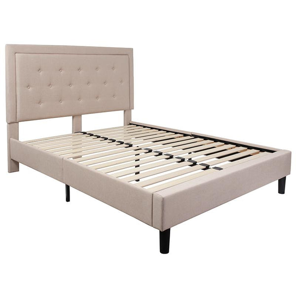 Flash Furniture Roxbury Queen Size Tufted Upholstered Platform Bed in Beige Fabric - SL-BK5-Q-B-GG