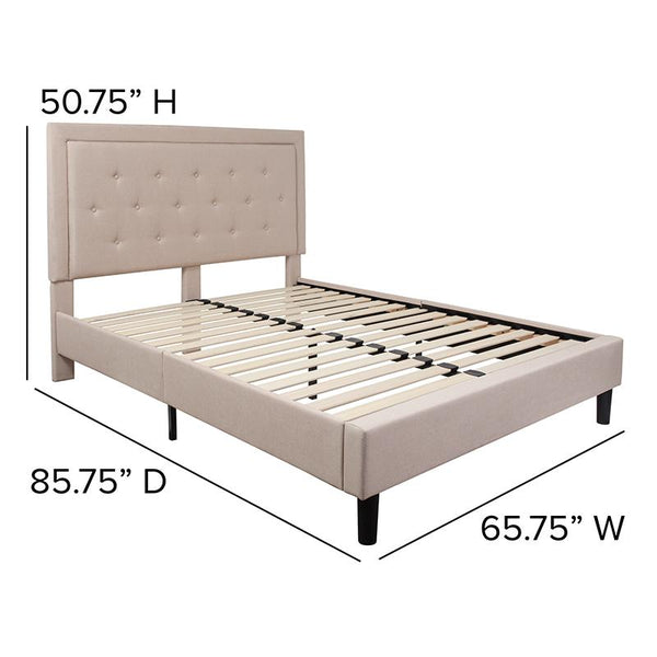 Flash Furniture Roxbury Queen Size Tufted Upholstered Platform Bed in Beige Fabric - SL-BK5-Q-B-GG