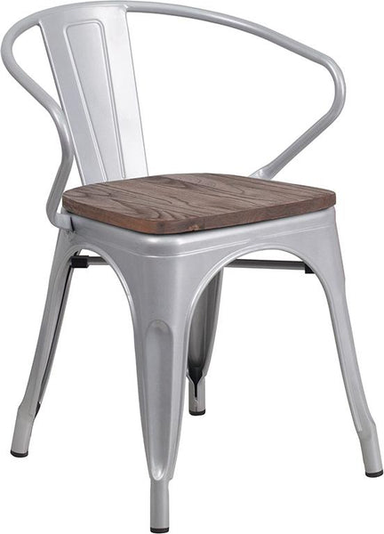 Flash Furniture Silver Metal Chair with Wood Seat and Arms - CH-31270-SIL-WD-GG