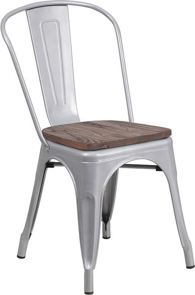 Flash Furniture Silver Metal Stackable Chair with Wood Seat - CH-31230-SIL-WD-GG