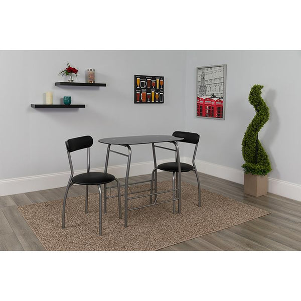 Flash Furniture Sutton 3 Piece Space-Saver Bistro Set with Black Glass Top Table and Black Vinyl Padded Chairs - XM-JM-A0278-1-2-BK-GG