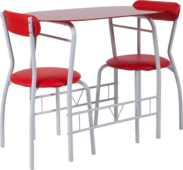 Flash Furniture Sutton 3 Piece Space-Saver Bistro Set with Red Glass Top Table and Red Vinyl Padded Chairs - XM-JM-A0278-1-2-RD-GG