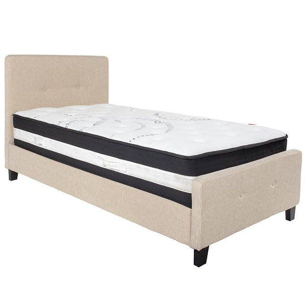 Flash Furniture Tribeca Twin Size Tufted Upholstered Platform Bed in Beige Fabric with Pocket Spring Mattress - HG-BM-17-GG