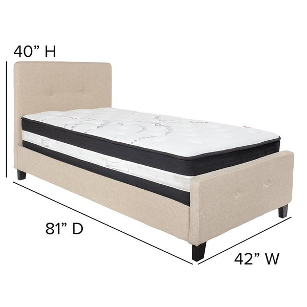 Flash Furniture Tribeca Twin Size Tufted Upholstered Platform Bed in Beige Fabric with Pocket Spring Mattress - HG-BM-17-GG