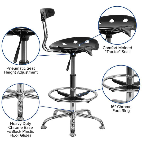 Flash Furniture Vibrant Black and Chrome Drafting Stool with Tractor Seat - LF-215-BLK-GG