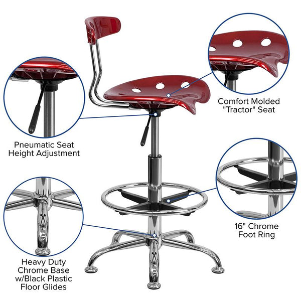 Flash Furniture Vibrant Wine Red and Chrome Drafting Stool with Tractor Seat - LF-215-WINERED-GG